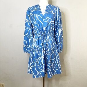H&M Dress 100% Cotton Blue Long Sleeve Drawstring Waist Tiered Blue Size XS NEW